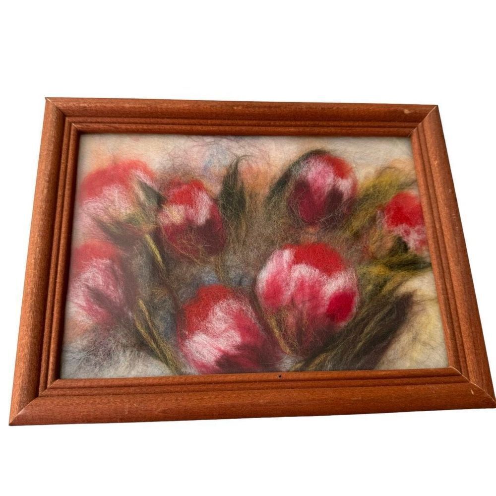 Handmade wool felted art picture crocuses wooden frame 7x9